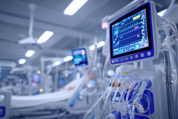 Hospital ICU medical equipment, monitors, and beds