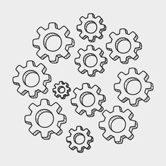 A set of black gear icons. The drawing depicts a circle with numerous gears inside it.