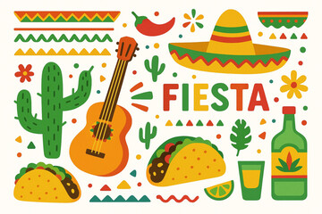 Fototapeta premium Colorful Mexican Fiesta Cartoon Icons Vector with Cactus, Taco, Sombrero, and Guitar