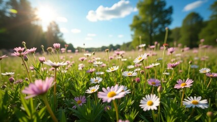 Daisy Landscape – Green Field Meadow Full of Vibrant Spring Flowers in Bloom
