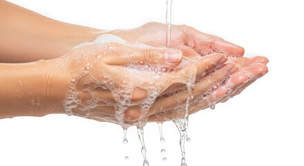 Fototapeta premium Washing hands with water and soap isolated on transparent background
