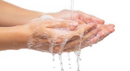 Washing hands with water and soap isolated on transparent background