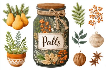 Autumnal Botanical Illustration with Pears and Herbs in a Mason Jar