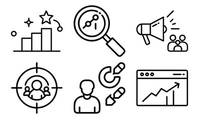 Fototapeta premium Marketing and Business Line Icons 6 Vector Icons for SEO Link Building, Sales Funnel, Promotion, Analytics, Customer Targeting and Digital Advertising