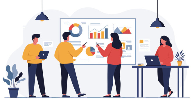 Vector Illustration of Business Meeting with People Presenting Charts in Modern Style