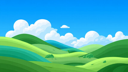 Obraz premium Cartoon Landscape Illustration Blue Sky Green Hills Summer Scenery Rolling Mountains Clouds Daylight Pasture Peaceful Field Nature View Vibrant Sunlight Tranquil Environment Playful Background