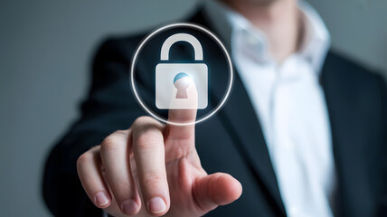 Professional touching digital padlock symbol for secure data access and cybersecurity protection in modern business