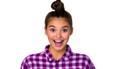 Smiling girl in plaid shirt with bun hairstyle expresses excitement