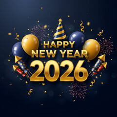 Happy New Year 2026 Celebration with Golden Text, Confetti, Balloons, and Fireworks on Dark Blue Bokeh Background
