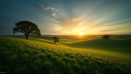Obraz premium Sunrise Over Green Rolling Hills with Lone Tree – Scenic Countryside Landscape Photography