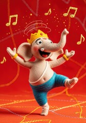 A cheerful elephant puppet with a crown dances joyfully amidst musical notes in a vibrant festive scene