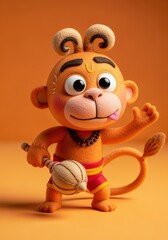Fototapeta premium A cute cartoon monkey god hanuman toy with a mace in his hand standing on an orange background
