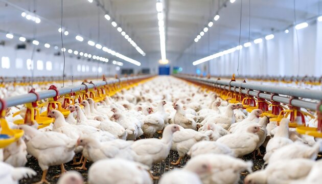 Dense poultry farm interior with rows of white chickens under bright artificial lighting