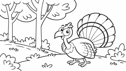 Vector Cartoon funny Turkey, funny image in the forest, Coloring book page for children. Line Art isolated on white background
