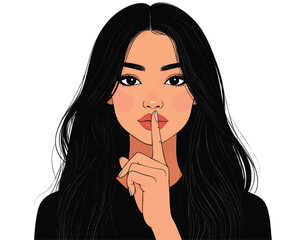 a girl with straight black hair, with her right index finger gently touching her lips in a "silencing" gesture, indicating a sense of secrecy or quietness.