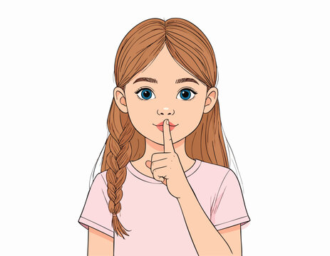 a girl with her right index finger gently touching her lips in a "shushing" gesture, indicating a sense of secrecy or quietness.