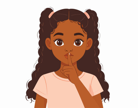 a girl with her right index finger gently touching her lips in a "shushing" gesture, indicating a sense of secrecy or quietness.