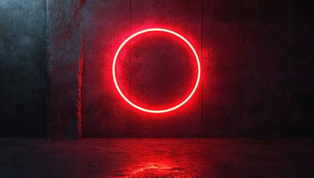 Glowing red oval neon light portal on a dark textured wall - Powered by Adobe