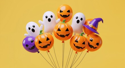 Balloons in pumpkin, ghost, and witch designs for Halloween against yellow background. Party decoration, autumn festivity and thematic holiday concept for seasonal products and event services