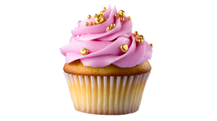 Delicious pink frosted cupcake topped with golden sprinkles