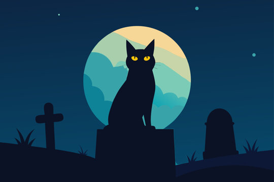 Mysterious black cat silhouetted against a full moon in a spooky graveyard