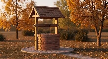 An old-fashioned brick wishing well with a wooden roof and crank, surrounded by fallen autumn leaves and trees, evoking a sense of rustic charm and nostalgic memories of simpler times