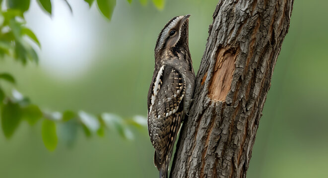 Camouflaged common potoo bird perched on tree trunk, blending into bark texture, watching keenly in natural habitat, wildlife photography, nature exploration