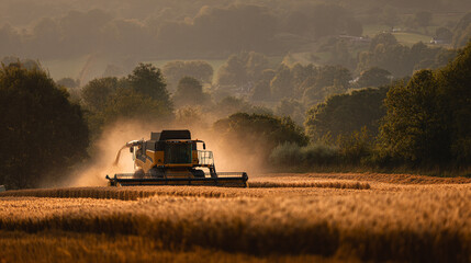 Fototapeta premium A combine harvester working in a field of wheat at sunset with trees behind it