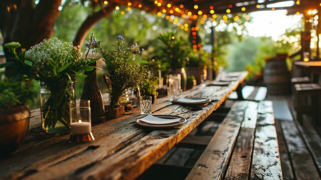 Beautiful outdoor dining setup with rustic tables and fairy lights during sunset in a garden
