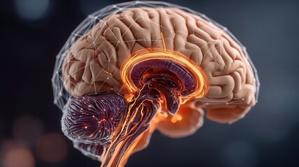 Glowing AI brain connected to digital data streams, symbolizing artificial intelligence and neural complexity, dark tech background, ultra detailed, high resolution.