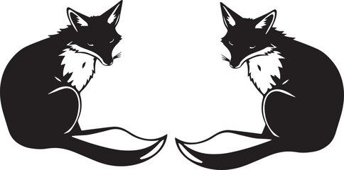 A stylized black and white fox design, featuring bold, sweeping, curved lines that form an elegant and abstract silhouette. The fox is seated gracefully, with its tail and fur created using modern, ge