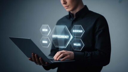 Man using laptop to manage cryptocurrency portfolio, exploring blockchain, mining, and digital wallets with futuristic interface