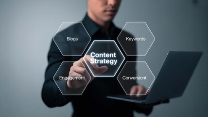 Professional strategist uses futuristic interface to plan effective content strategy encompassing blogs engagement keywords and conversion for business growth