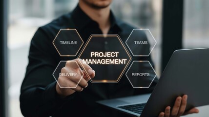Dynamic businessman interacts with futuristic holographic interface displaying key project management elements like timeline delivery teams and reports for modern business success