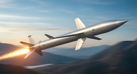 Naklejka premium Advanced hypersonic missile soaring through the sky with fiery propulsion, symbolizing cutting edge technology and military defense capabilities in modern warfare