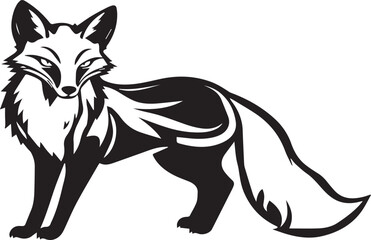 A stylized black and white fox design, featuring bold, sweeping, curved lines that form an elegant and abstract silhouette. The fox is seated gracefully, with its tail and fur created using modern, ge