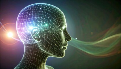 Obraz premium Human head constructed from a wireframe mesh of intersecting lines, glowing with bright lights. It is set against a dark background, with ethereal, wavy light trails creating a futuristic atmosphere.