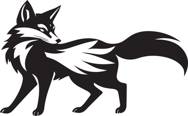 A stylized black and white fox design, featuring bold, sweeping, curved lines that form an elegant and abstract silhouette. The fox is seated gracefully, with its tail and fur created using modern, ge