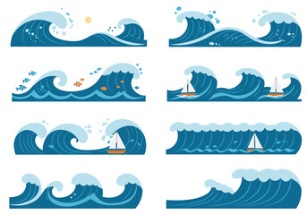 Collection of stylized ocean waves with boats and fish.