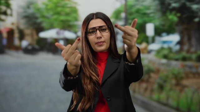 Confident young woman with glasses makes bold gesture on a vibrant street, smiling mischievously in a playful mood outdoors.