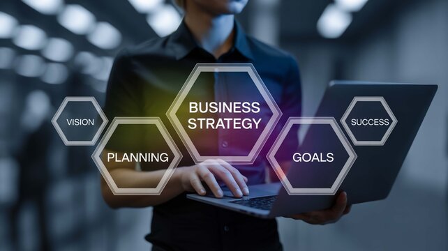 Dynamic professional strategizing business growth and success with digital planning tools and clear vision on laptop