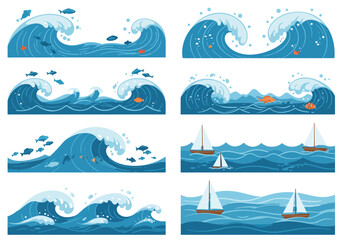 Collection of Ocean Waves with Fish and Sailboats.