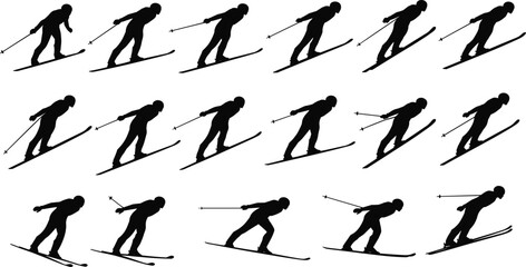 Silhouette sequence of skier in motion, winter sports, skiing technique, ski training, dynamic skiing, outdoor activity, fitness, athletic performance