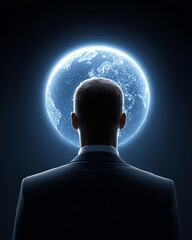 A contemplative figure gazes at a glowing Earth in darkness.