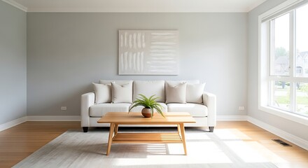 Wide clean shot of a furnished living room with a light-colored sofa, wooden coffee table, and decorative plant. No people. Perfect environment for residential property listing.