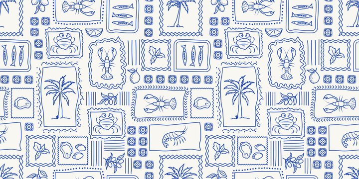 Tropical lobster seamless pattern, summer Italy vacation mood. Retro palm trees, sardines, lemon in the frames. Mediterranean wallpaper, cute geometric design, textile. Vector hand drawn art