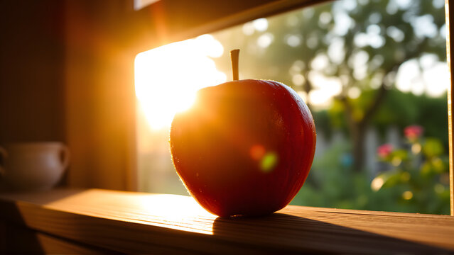 A vibrant red apple with morning dew - Powered by Adobe