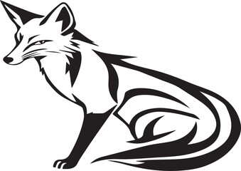 A stylized black and white fox design, featuring bold, sweeping, curved lines that form an elegant and abstract silhouette. The fox is seated gracefully, with its tail and fur created using modern, ge