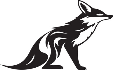 A stylized black and white fox design, featuring bold, sweeping, curved lines that form an elegant and abstract silhouette. The fox is seated gracefully, with its tail and fur created using modern, ge