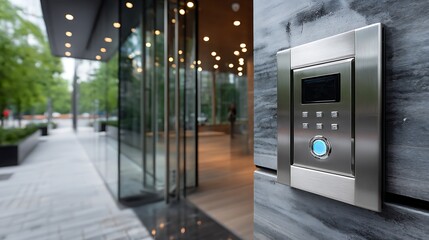 Close-up of modern digital intercom panel next to glass door at the entrance of a new commercial building. Minimalist design, illuminated call button, softly blurred background with greenery and sidew